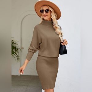 Light Matcha Brown Ribbed Cozy Turtle Neck Long Sleeve Ribbed Sweater Dress